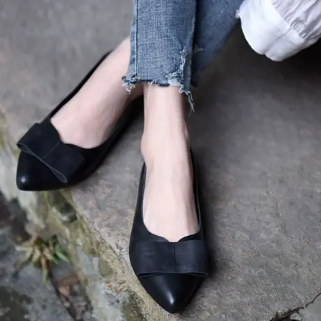 Artmu阿木原创尖头蝴蝶结单鞋平底鞋女春季新款真皮妈妈鞋奶奶鞋商品大图