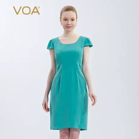 VOA30姆米重磅桑蚕丝莫吉托蓝圆领短袖及膝中裙百搭真丝连衣裙图片