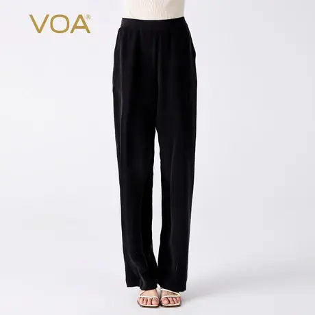 VOA30姆米重磅桑蚕丝黑色松紧腰口袋运动休闲百搭垂感真丝直筒裤商品大图