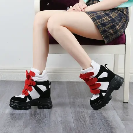 厚底高帮鞋女2023秋冬新款加绒真皮休闲运动鞋雪地棉内增高老爹鞋商品大图