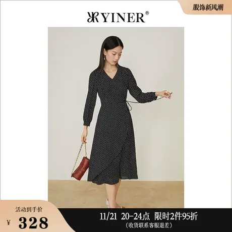 YINER音儿线上专选女装春季波点印花系带收腰V领连衣裙图片