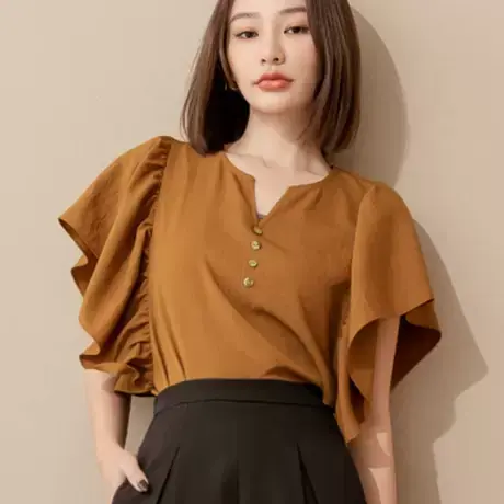 桔熊夏季度假风浪漫小衫舒适V领荷叶飞飞袖上衣女神大码AB18326商品大图