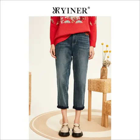 YINER音儿专柜女装2022冬季新款设计感时尚洋气高腰锤形牛仔裤商品大图