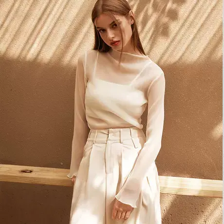 桔熊秋冬条纹亮丝波浪立领打底衫高级感微透肤上衣女大码AB19010商品大图