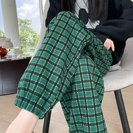 绿色毛呢格子裤女春秋季2024新款高腰宽松休闲直筒阔腿束脚哈伦裤商品大图