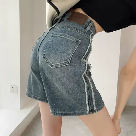高腰显瘦毛边牛仔短裤女夏季薄款宽松直筒阔腿港风a字五分中裤ins商品大图