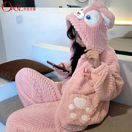 珊瑚绒睡衣女冬季长袖连帽加厚可爱学生ins外穿法兰套装商品大图