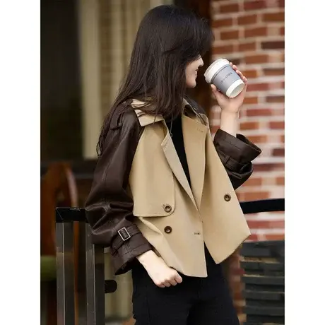时尚气质风衣2023 年秋季新款女装拼接撞色短款翻领高级百搭外套图片