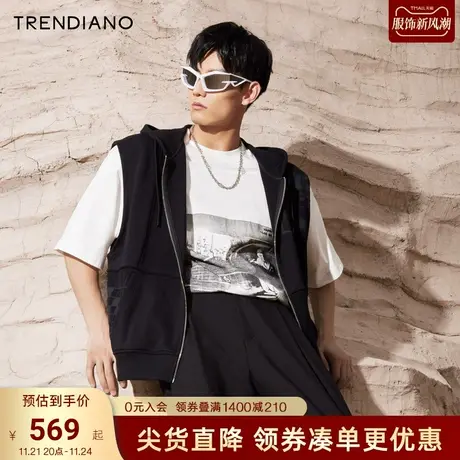 TRENDIANO官方2023新款秋季解构拼接港风印花设计连帽马甲男潮商品大图