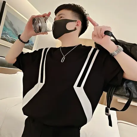 夏季潮流黑白条纹短袖t恤男2023新款小众休闲薄款半袖上衣体恤衫图片