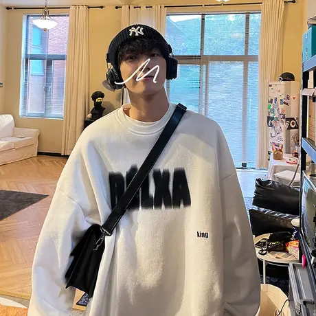 潮牌模糊感字母印花圆领卫衣男ins潮春季宽松百搭无帽长袖打底衫商品大图