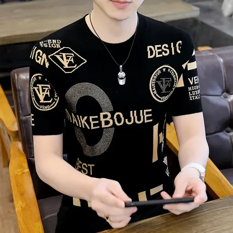 潮牌短袖夏季个性帅气烫钻男士薄款冰感针织半袖男款夏装冰丝t恤商品大图