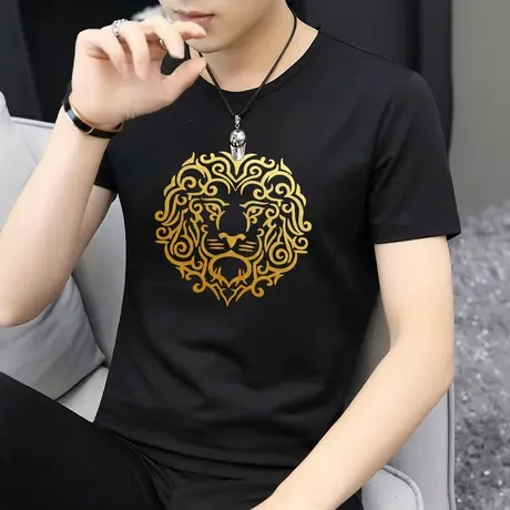 莫代尔短袖t恤男夏季潮牌冰丝冰感上衣服黑色半袖烫金狮子头体恤商品大图