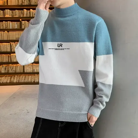 秋冬季半高领针织羊毛衫男士青少年学生加绒加厚毛衣保暖秋装上衣商品大图