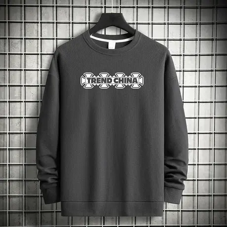 华夫格圆领卫衣男秋季2024新款中国潮流潮牌无帽长袖t恤宽松上衣商品大图