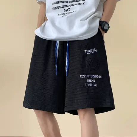黑色休闲裤子男夏季冰丝速干美式五分中裤青少年宽松直筒运动裤衩商品大图