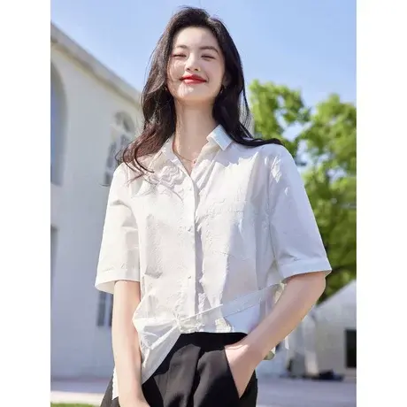 时尚气质翻领短袖衬衫2023年夏季新款淑女温柔显瘦通勤短款上衣商品大图