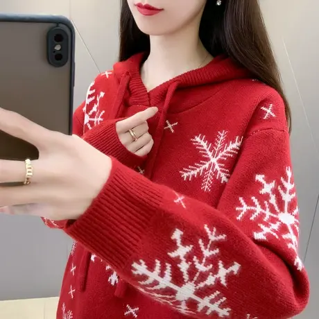红色毛衣帽衫女宽松连帽针织卫衣2024新款兔年本命年针织衫套头女图片