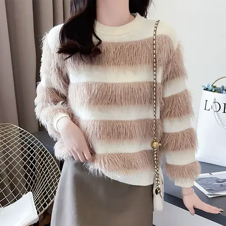 软糯洋气流苏设计感圆领毛衣女短款外穿上衣秋冬季内搭针织打底衫图片