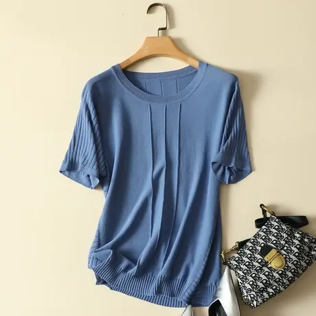 圆领短袖冰丝针织衫t恤女春夏2024年新款蓝色宽松打底衫上衣女薄商品大图