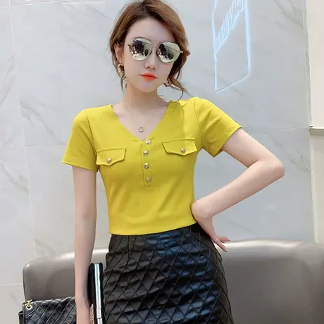 女装2023新款潮时尚V领T恤女短袖夏季小众设计感洋气上衣半袖体恤商品大图