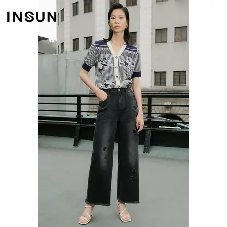 INSUN恩裳夏季纯棉毛边喇叭牛仔裤商品大图