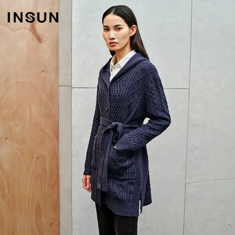 INSUN恩裳线上专选秋季麻花羊毛金银丝连帽针织衫图片