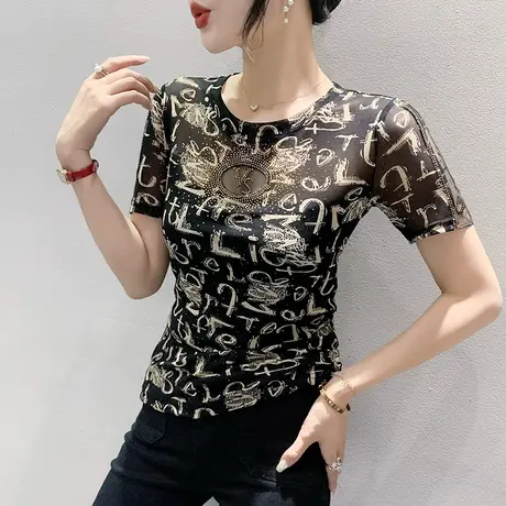 欧货网纱性感上衣女短袖夏季洋气印花修身显瘦小衫别致烫钻T恤ins商品大图