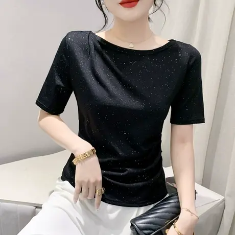 一字领女装2024新款性感露肩T恤短袖网红亮片上衣修身洋气小衫夏商品大图