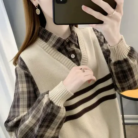 女士衬衣领假两件毛衣女2023年新款爆款时尚洋气打底衫上衣女秋冬商品大图