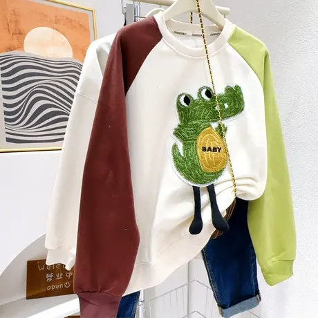 韩国东大门秋冬外套ins设计感鳄鱼加绒拼色卫衣宽松欧货洋气独特商品大图