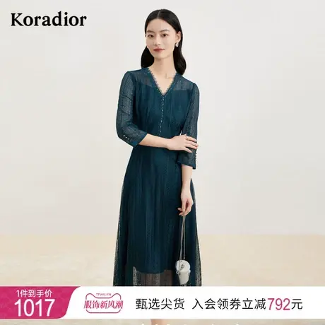 珂莱蒂尔新款墨绿色七分袖蕾丝连衣裙女中长款收腰气质优雅裙子图片