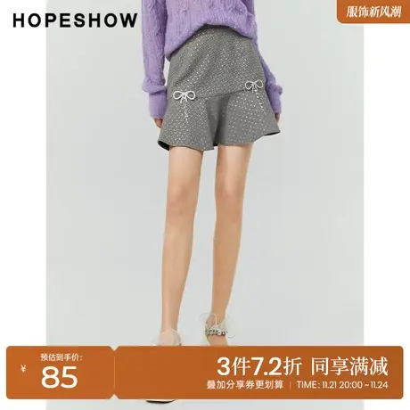 红袖outlets千鸟格鱼尾短裙hopeshow2022冬季款波点蝴蝶结半身裙图片