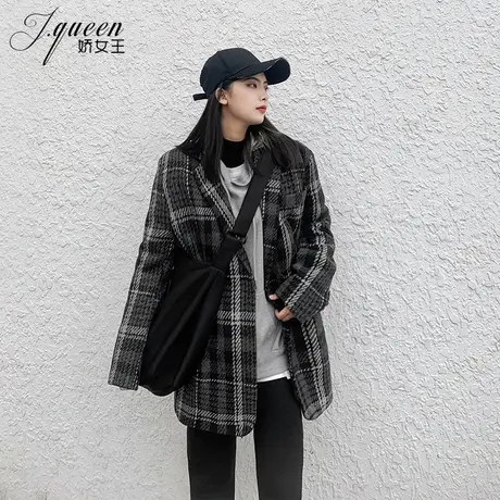 格子毛呢外套女秋冬加厚韩版复古宽松显瘦百搭休闲粗花呢子大衣潮商品大图