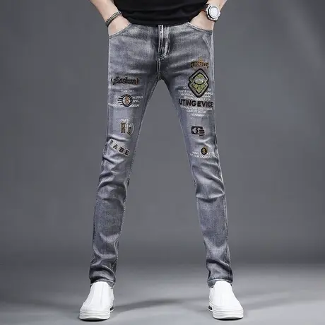 2023夏季新款烟灰色刺绣牛仔裤男款潮牌修身小脚潮流绣花男士裤子商品大图