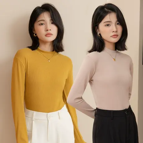 半高领打底衫女螺纹款长袖黑白色秋冬款百搭上衣修身内搭中领秋衣商品大图