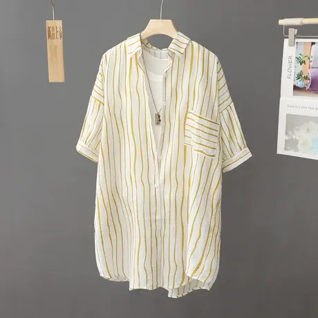 2024夏季新款条纹防晒衬衫女短袖宽松中长款防晒衣开衫户外薄外套商品大图