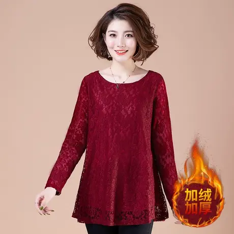 蕾丝衫女长袖秋冬装加肥加大码宽松加绒加厚中年妈妈装打底衫上衣商品大图