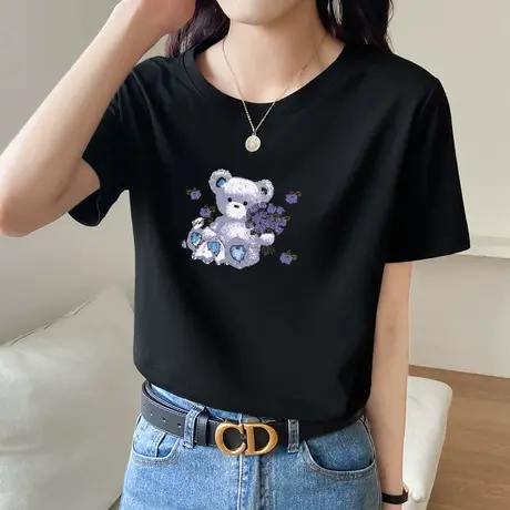 黑色小熊t恤女夏季短袖2022年韩版宽松t桖漂亮百搭打底衫半袖上衣商品大图