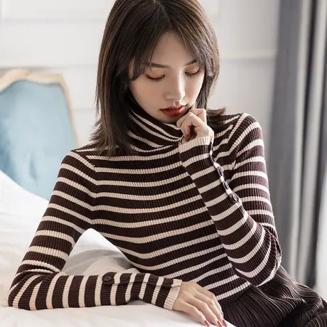 2023秋冬新款网红针织衫女高领条纹打底衫女长袖套头内搭洋气毛衣商品大图