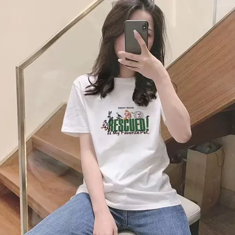 美式正肩短袖t恤女装2023新品夏潮牌圆领宽松半袖体恤白色打底衫图片