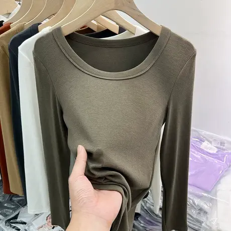 洋气纯色百搭低圆领软糯长袖T恤女2023秋冬装新款内搭打底衫上衣商品大图