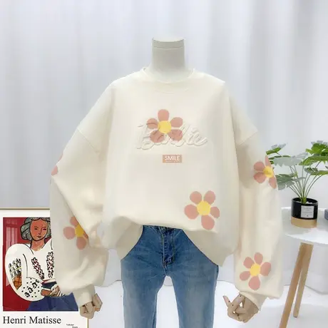 卫衣女春秋薄款2021新款韩版ins潮凹凸字母花朵宽松短款套头上衣商品大图