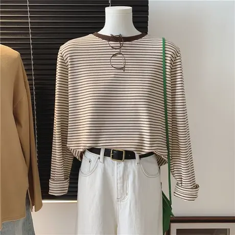 chic复古港味条纹长袖T恤女秋冬德绒内搭上衣韩版宽松保暖打底衫图片