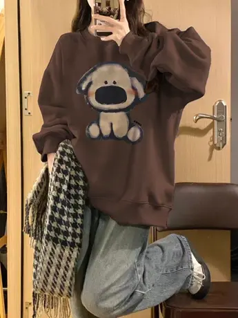 vintage大码圆领卫衣女秋冬小个子加绒长袖ins潮卡通洋气减龄上衣商品大图