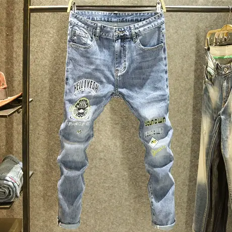 高端原创刺绣牛仔裤男款修身弹力小脚裤夏季欧美潮流休闲男士裤子商品大图