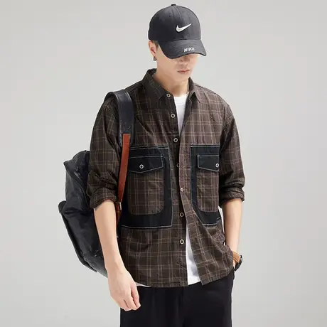 Modi Nick/摩帝尼克潮流复古工装男衬衫长袖宽松格子水洗男士外套图片