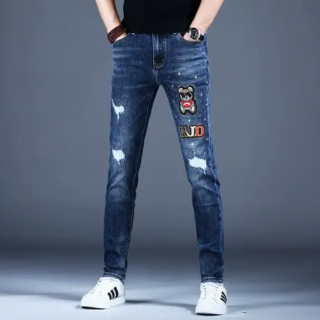 男士破洞刺绣潮牌牛仔裤男款时尚轻奢修身小脚裤子男美式高街弹力商品大图