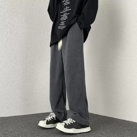 宽松直筒休闲裤男春秋灯芯绒垂感运动裤美式潮牌灰色百搭阔腿卫裤商品大图