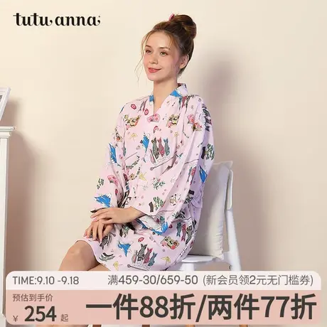 tutuanna睡裙女家居服起毛布卡通可爱招财猫满印可外穿长袖睡裙女图片